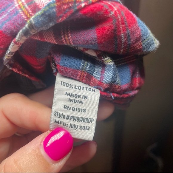 PD&C Mens Medium Red White Blue Plaid Button Shirt snap pockets flaps flannel - Picture 2 of 5